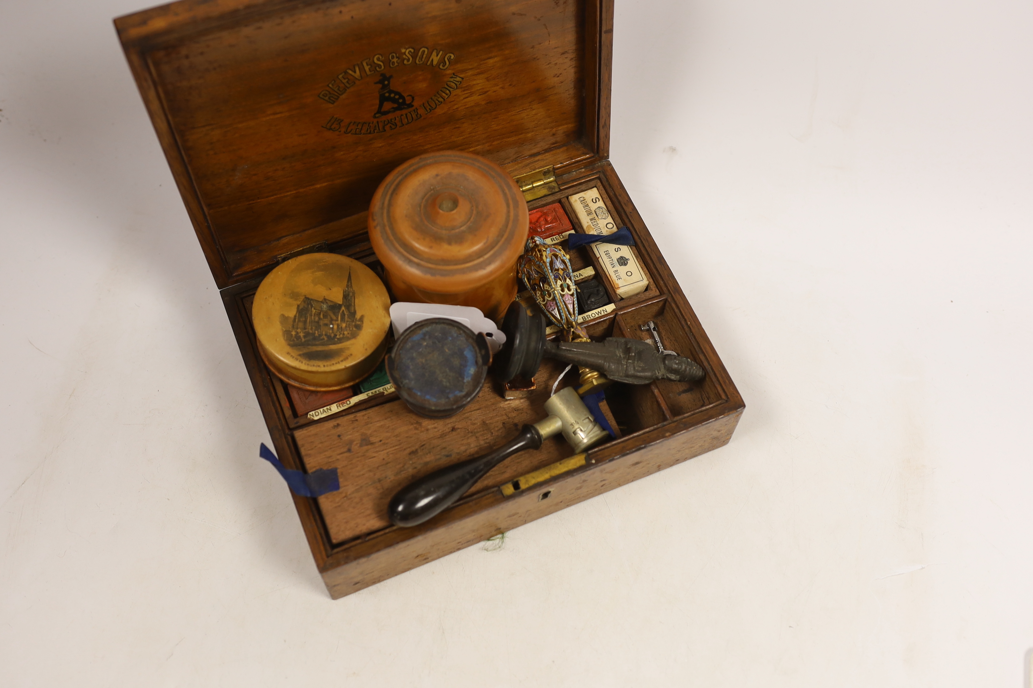 A Reeves & Sons wooden artist's watercolour box, an enamel seal, three items of treen and a gunpowder measure
